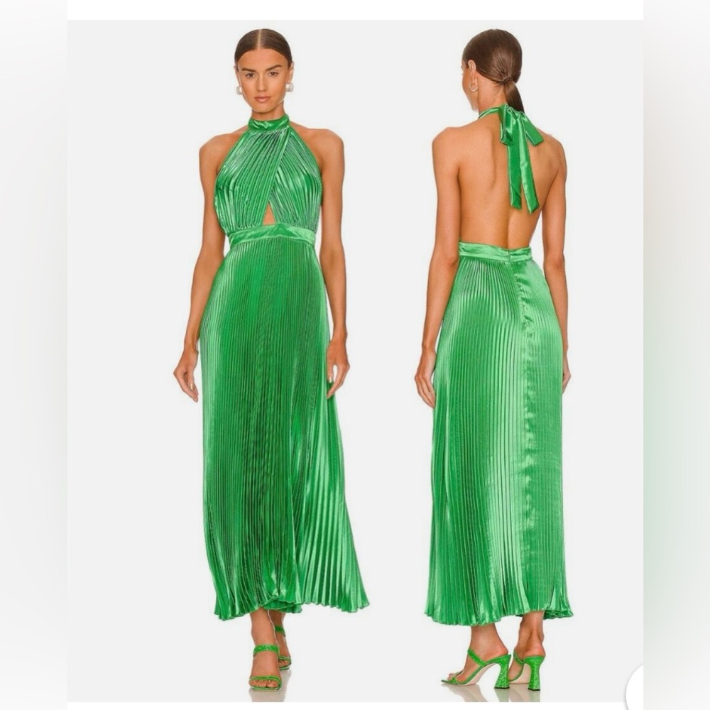 L’idee Renaissance Midi Dress Satin Pleated Halterneck Cut Out Bright Green